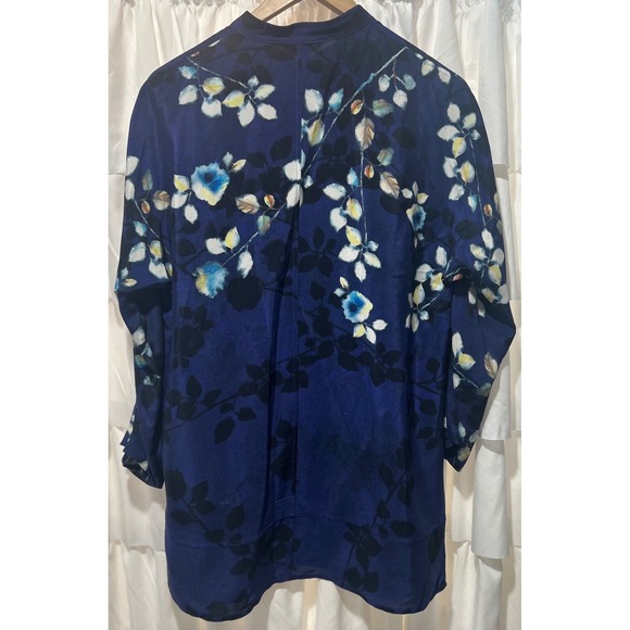 St John Silk Floral Navy Blue Black Button Front Tunic Top Blouse Shirt Small - Picture 4 of 10